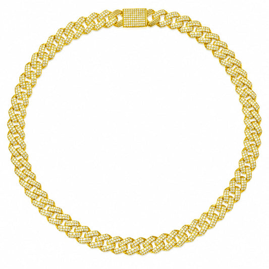 Warm Fortune Slim Pave Cuban Link Chain Necklace for Women, White and Yellow Gold Plated, Clear CZ, 22 and 24 Inch Chain, Streamlined Link Design