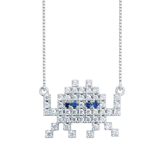 Warm Fortune Pixel Alien Pendant Necklace for Women: 18K Gold Plated, Adjustable Chain (18"+2") with Sparkling CZ | Adorably Cute, a Romantic Accent for Her