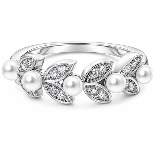 Warm Fortune Leaf‑Shaped Adjustable Statement‑Ring for Women, 18K Gold Plated Ring With Freshwater Pearls & Cubic Zirconia, Fashion Jewelry for Daily Wear & Gifting