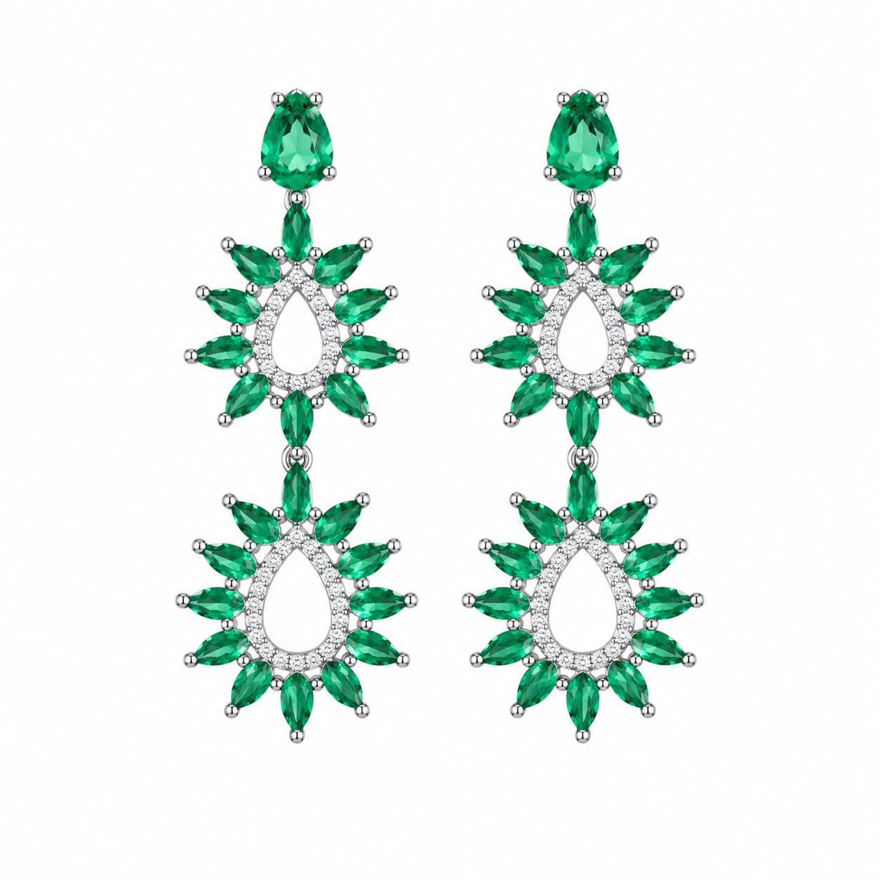 Warm Fortune 18K White Gold Plated Green CZ Teardrop Dangle Earrings