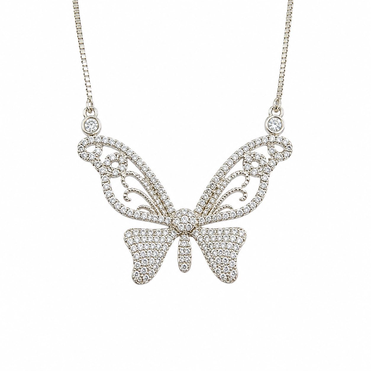 Warm Fortune Butterfly Pendant Necklace for Women, 18K White Gold Plated, 16 Inch Chain with Sparkling CZ, Elegant & Versatile Layering Jewelry
