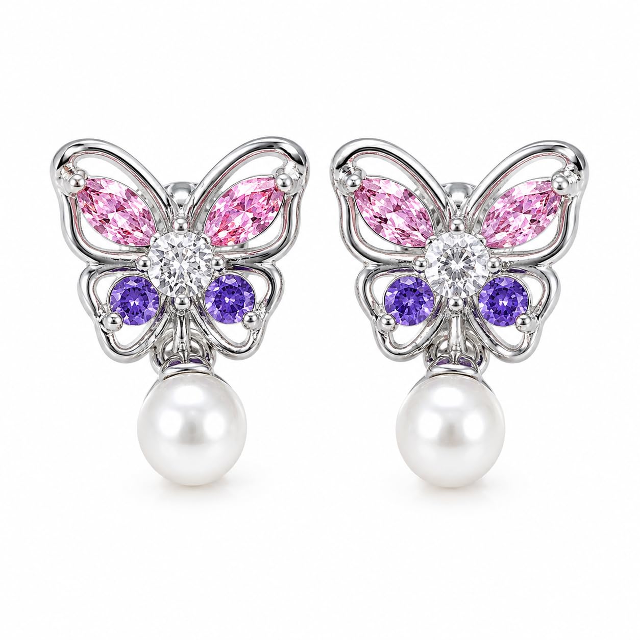 Warm Fortune 18K Gold Plated Butterfly Mixed Cut Cubic Zirconia & Shell Pearl Dangle Earrings for Women Hypoallergenic - Valentine's Day, Mother's Day, Birthday Gift for Her