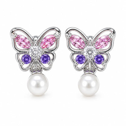 Warm Fortune 18K Gold Plated Butterfly Mixed Cut Cubic Zirconia & Shell Pearl Dangle Earrings for Women Hypoallergenic - Valentine's Day, Mother's Day, Birthday Gift for Her