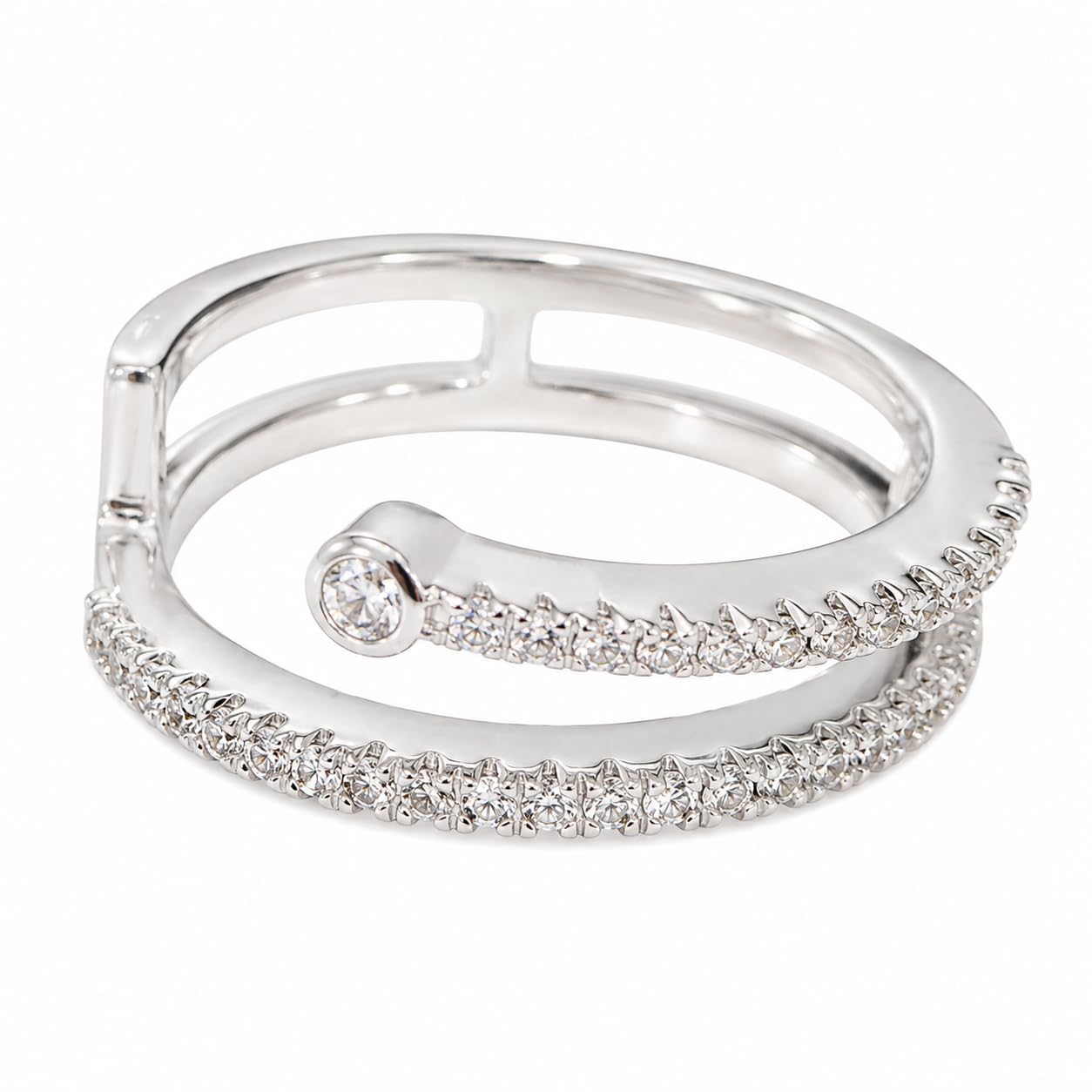 Warm Fortune Double Layer Open Wrap Band Ring for Women, 18K White Gold Plated Pave Cubic Zirconia Stackable Promise Wedding Jewelry, Size 7-9