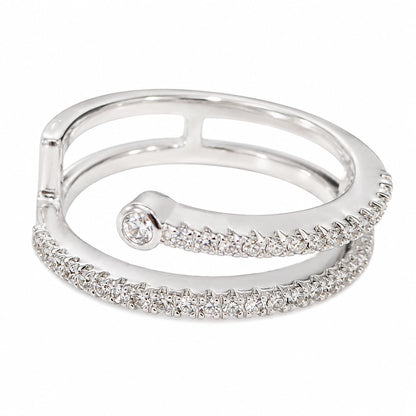 Warm Fortune Double Layer Open Wrap Band Ring for Women, 18K White Gold Plated Pave Cubic Zirconia Stackable Promise Wedding Jewelry, Size 7-9