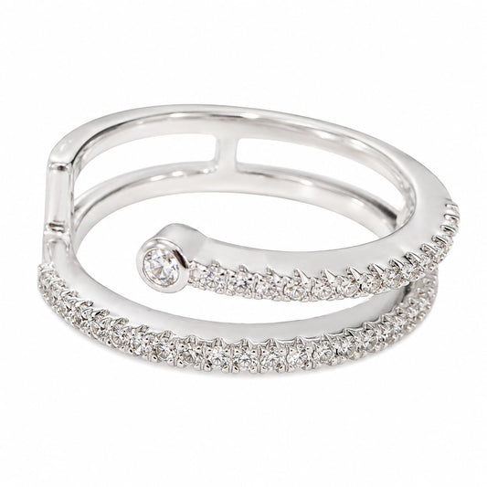 Warm Fortune Double Layer Open Wrap Band Ring for Women, 18K White Gold Plated Pave Cubic Zirconia Stackable Promise Wedding Jewelry, Size 7-9