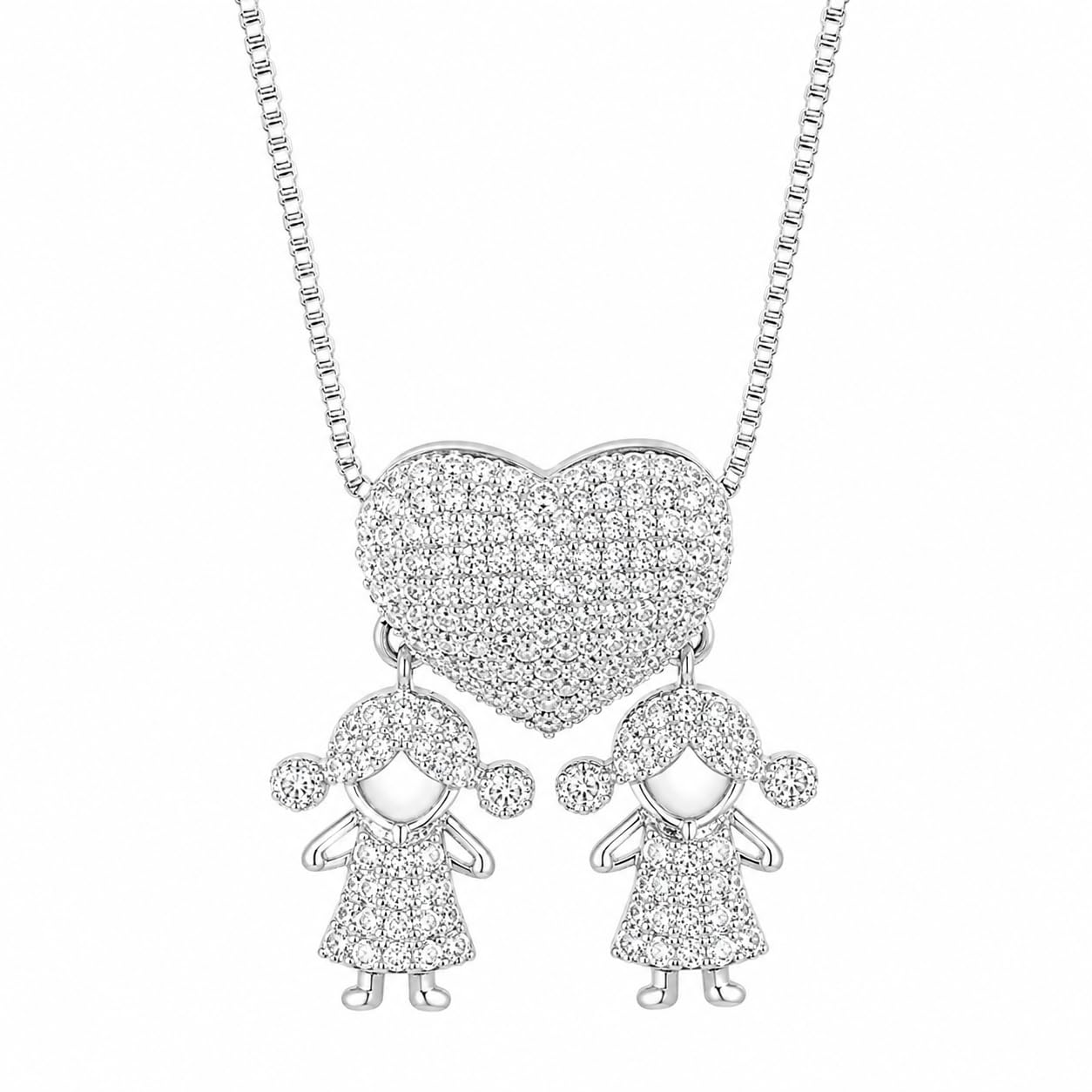 Warm Fortune 18K White Gold Plated CZ Two Figure Heart Necklace
