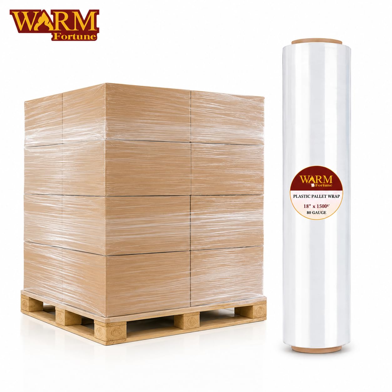 Warm Fortune 4 Rolls Clear Stretch Wrap Film 18” x 1500 feet Plastic Wrap for Moving, Packing, Shipping & Storage Heavy Duty Industrial Cling Film for Boxes and Furniture