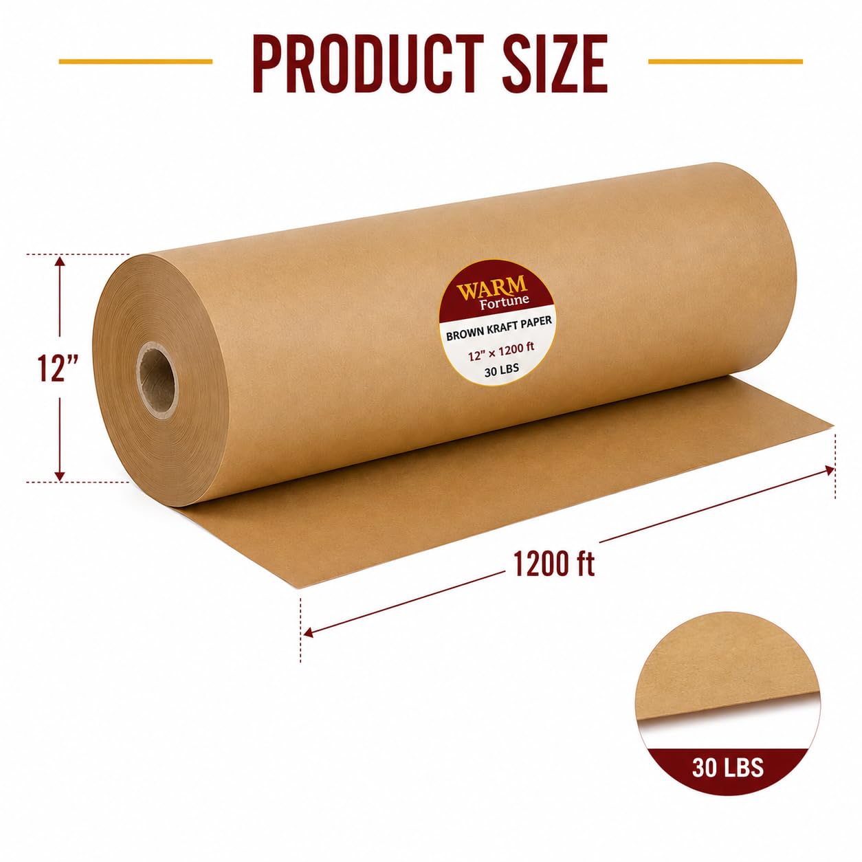 Warm Fortune Brown Kraft Paper Roll 12" x 1200 Ft, 30 lb Packing Paper for Moving, Shipping, Wrapping, Void Fill, Cushioning, Gift Wrapping, Surface Protection and Packaging Supplies (4)
