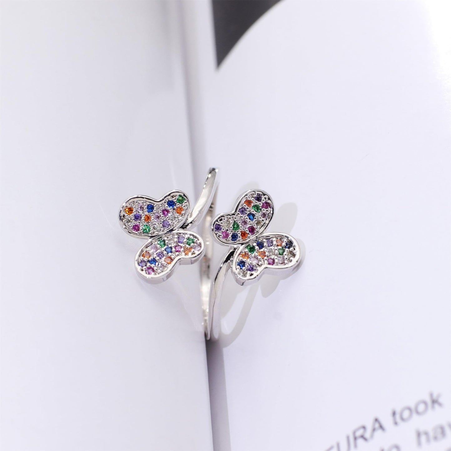Warm Fortune Double Butterfly Multicolor Zircon Promise Ring for Her - 18K Gold Plated Cubic Zirconia, Stackable Gift Valentine's Day, Fashion & Daily Elegant Wear,Adjustable