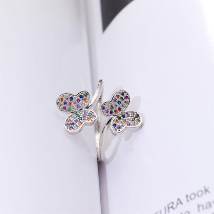 Warm Fortune Double Butterfly Multicolor Zircon Promise Ring for Her - 18K Gold Plated Cubic Zirconia, Stackable Gift Valentine's Day, Fashion & Daily Elegant Wear,Adjustable