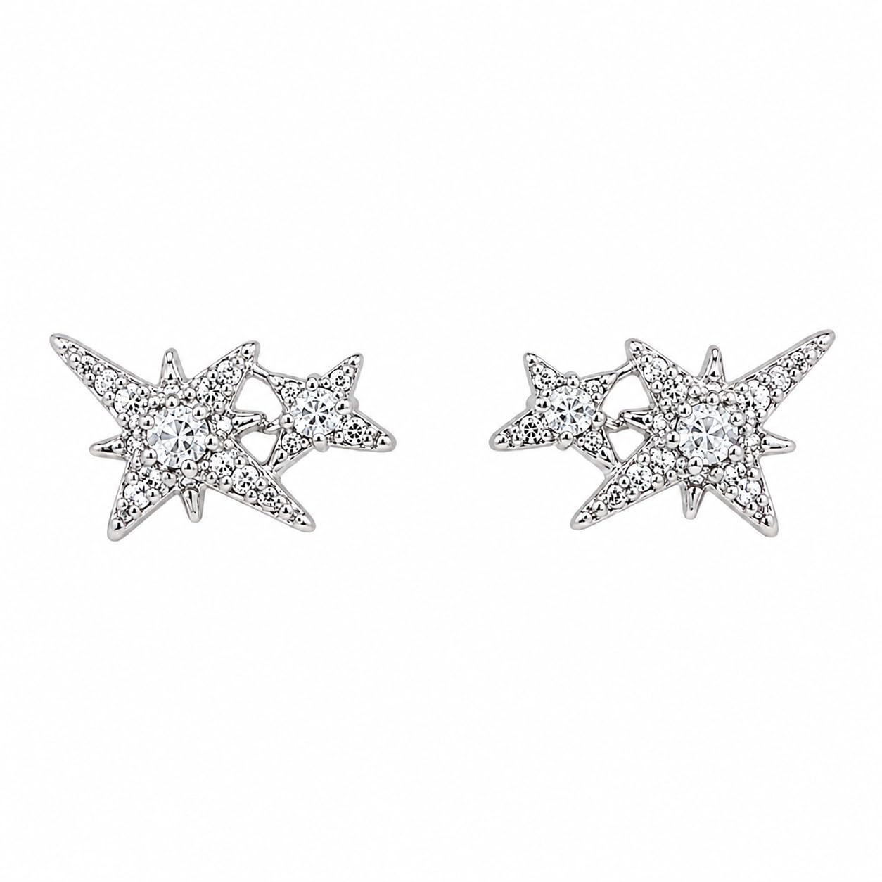 Warm Fortune 18K Gold Plated Double Star Cubic Zirconia Stud Earrings for Adult Women Hypoallergenic Jewelry Gift for Holiday & Daily Wear