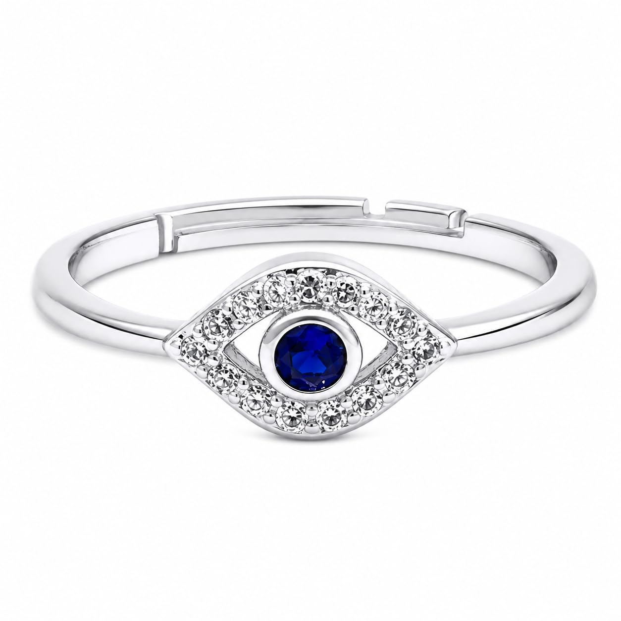 Warm Fortune Evil Eye Statement Ring for Women, 18K White Gold Plated Blue CZ Open Adjustable Lucky Fashion Ring