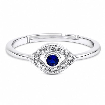 Warm Fortune Evil Eye Statement Ring for Women, 18K White Gold Plated Blue CZ Open Adjustable Lucky Fashion Ring