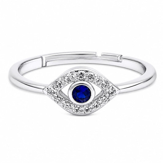 Warm Fortune Evil Eye Statement Ring for Women, 18K White Gold Plated Blue CZ Open Adjustable Lucky Fashion Ring