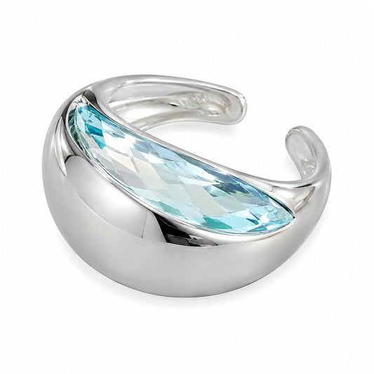Warm Fortune Marquise Cut Light Blue Cubic Zirconia Open Adjustable Stackable Promise Ring for Women, 18K Gold Plated Minimalist Jewelry Gift