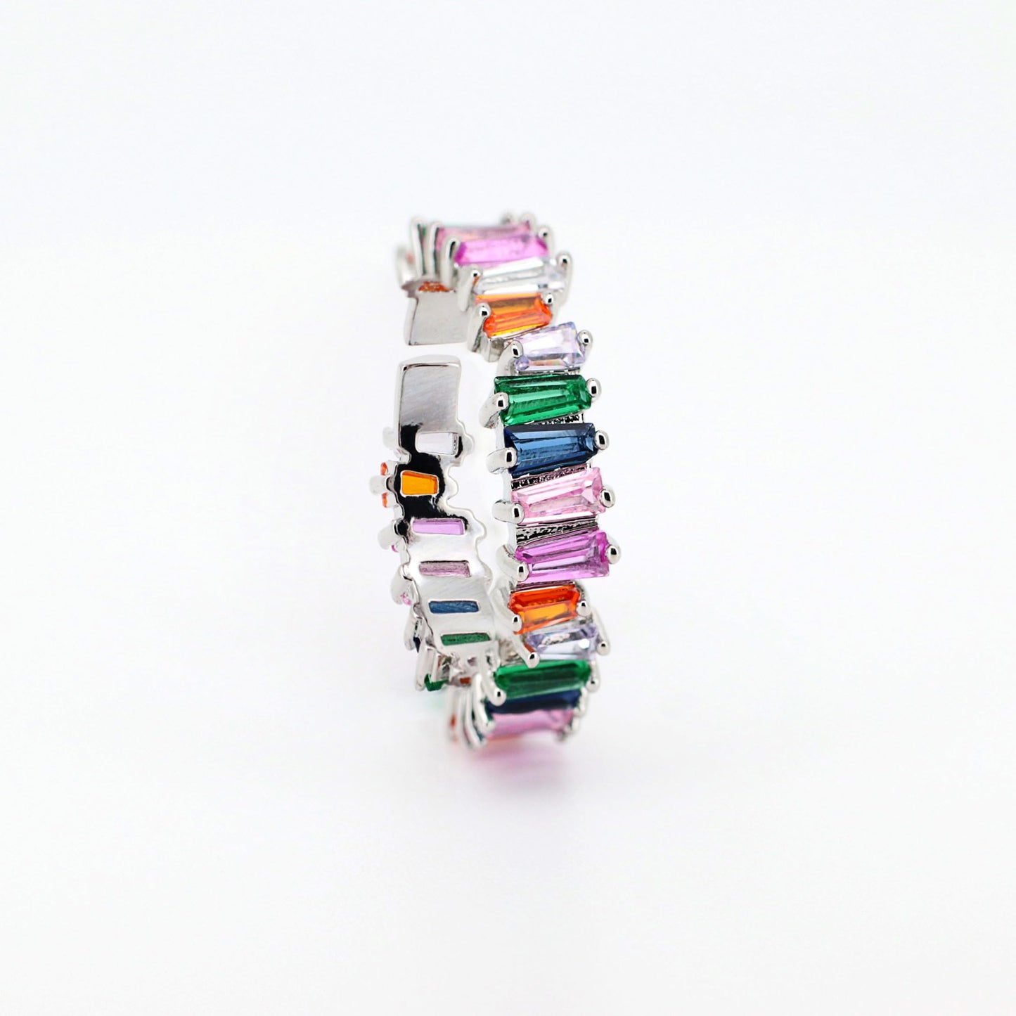 Warm Fortune Multi Color Baguette Cut CZ Open Ring for Women,18K Gold Plated Adjustable Stackable Casual Jewelry