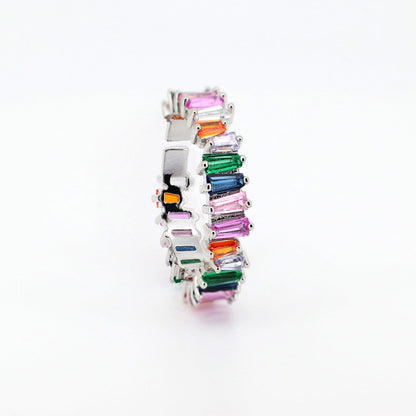 Warm Fortune Multi Color Baguette Cut CZ Open Ring for Women,18K Gold Plated Adjustable Stackable Casual Jewelry