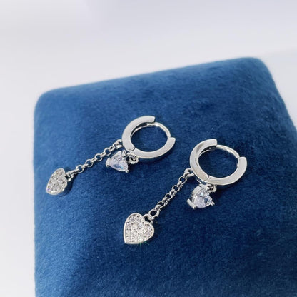 Warm Fortune 18K Gold Plated Double Heart Chain Cubic Zirconia Drop Earrings for Women Hypoallergenic - Valentine's Day, Mother's Day, Birthday Gift for Her