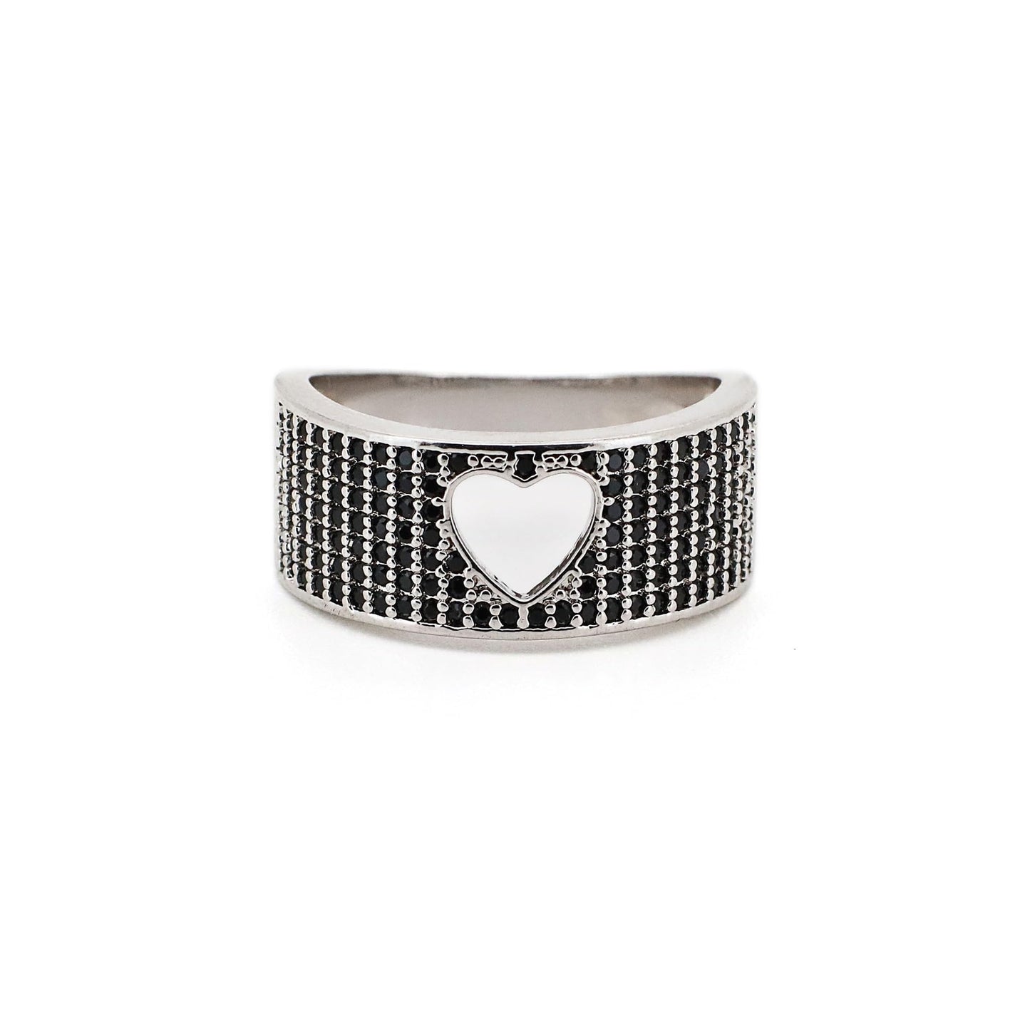 Warm Fortune Wide Band Heart Cutout Black Zircon Promise Ring for Her - 18K Gold Plated, Stackable Gift Valentine's Day, Fashion & Daily Elegant Wear, Size 8