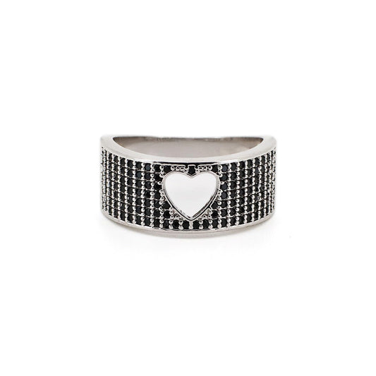 Warm Fortune Wide Band Heart Cutout Black Zircon Promise Ring for Her - 18K Gold Plated, Stackable Gift Valentine's Day, Fashion & Daily Elegant Wear, Size 8