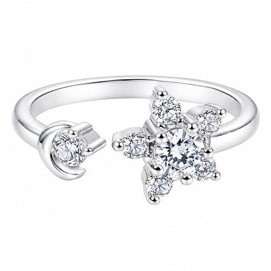 Warm Fortune Moon Star Flower Open Cuff Statement Ring for Women, 18K White Gold Plated Paved Cubic Zirconia Adjustable Stackable Fashion Jewelry