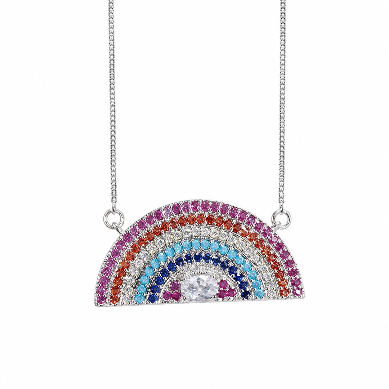 Warm Fortune 18K White Gold Plated CZ Rainbow Pendant Necklace