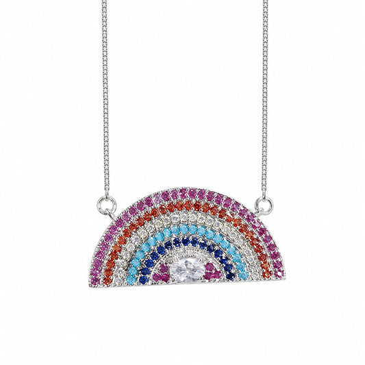 Warm Fortune 18K White Gold Plated CZ Rainbow Pendant Necklace