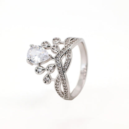 Warm Fortune Pear Cut Cubic Zirconia Crown Ring for Women,18K Gold Plated Twisted Split Shank Engagement Jewelry