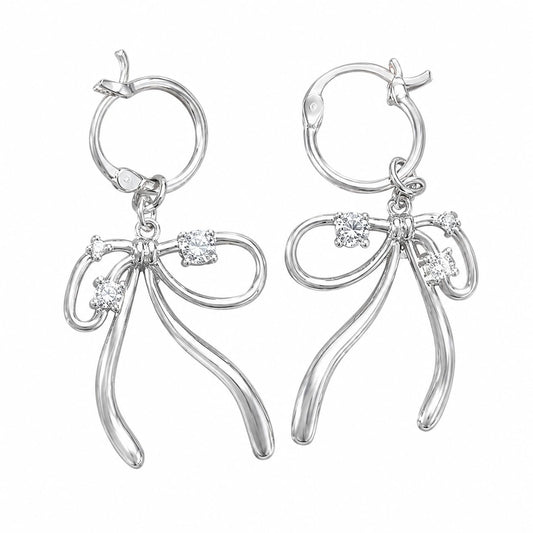 Warm Fortune white gold plated CZ bow hoop earrings