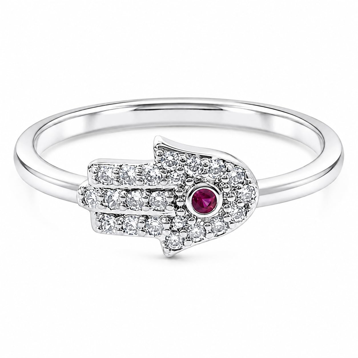 Warm Fortune Hamsa‑Hand Adjustable Statement‑Ring for Women, 18K Gold Plated Ring With Red Cubic Zirconia, Fashion CZ Jewelry for Daily Wear & Gifting