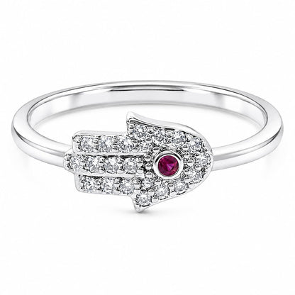 Warm Fortune Hamsa‑Hand Adjustable Statement‑Ring for Women, 18K Gold Plated Ring With Red Cubic Zirconia, Fashion CZ Jewelry for Daily Wear & Gifting