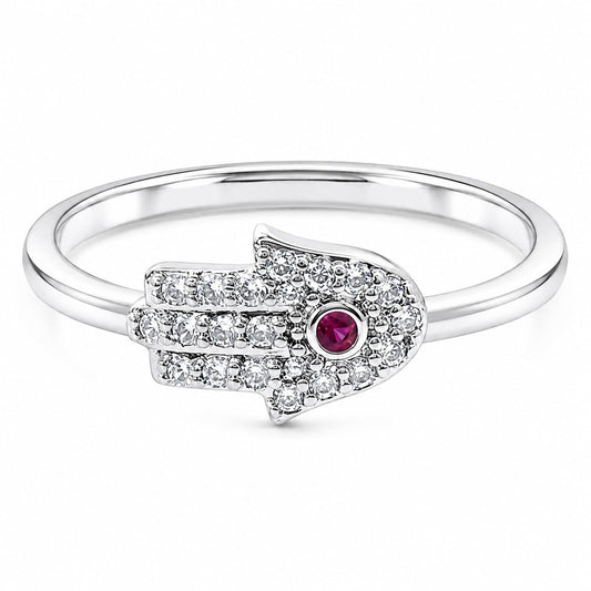 Warm Fortune Hamsa‑Hand Adjustable Statement‑Ring for Women, 18K Gold Plated Ring With Red Cubic Zirconia, Fashion CZ Jewelry for Daily Wear & Gifting