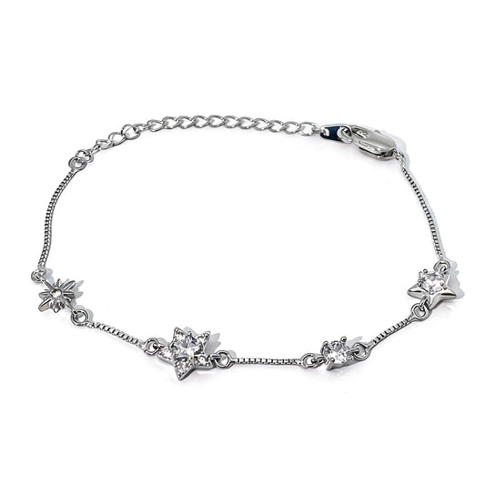 Warm Fortune Star Station Bracelet for Women, Silver-Tone 6 Inch Adjustable Chain with Sparkling Round Stone Accents