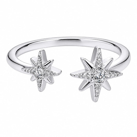 Warm Fortune Double Star Celestial Fashion Ring for Women, 18K White Gold Plated CZ Open Adjustable Stackable Star Ring