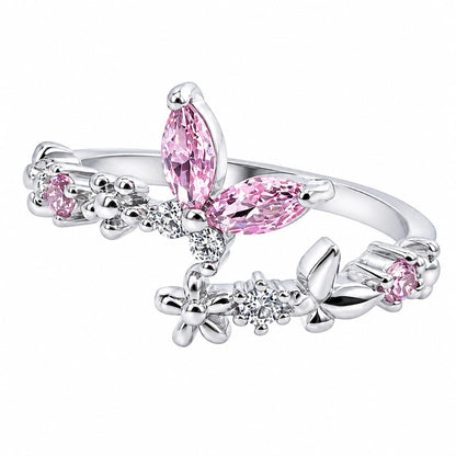 Warm Fortune Butterfly & Floral Open Cuff Statement Ring for Women, 18K White Gold Plated Pear Cut Pink Cubic Zirconia Claw Set Stackable Fashion Jewelry