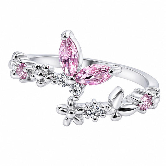 Warm Fortune Butterfly & Floral Open Cuff Statement Ring for Women, 18K White Gold Plated Pear Cut Pink Cubic Zirconia Claw Set Stackable Fashion Jewelry