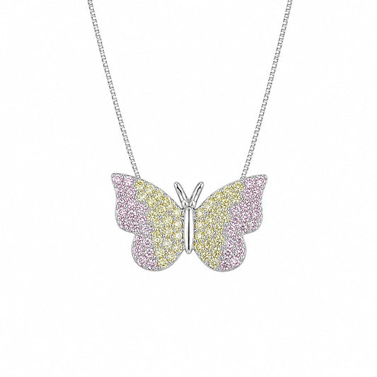 Warm Fortune Colorful Butterfly Pendant Necklace for Women, 18K White Gold Plated, 18 Inch Chain with Sparkling CZ, Colorful & Elegant Statement Jewelry for Women