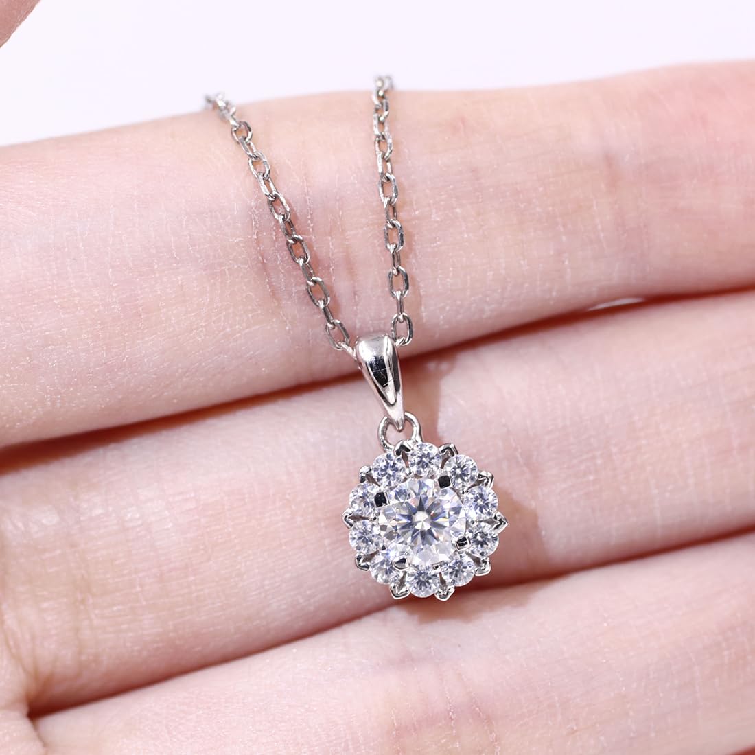 Warm Fortune Moissanite Pendant Necklace for Women, 0.5/1.0 ct DE VVS, 18K White Gold Plated Sterling Silver, 16 inch + 2inch Chain