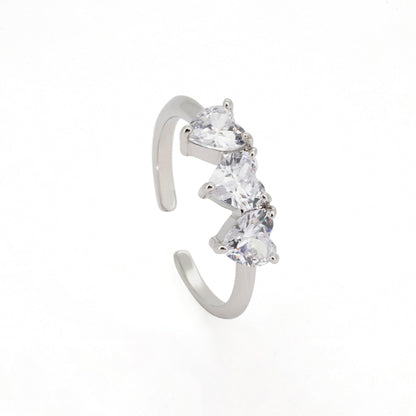 Warm Fortune 3 Heart Cut Cubic Zirconia Open Ring for Women, 18K Gold Plated Adjustable Stackable Heart Jewelry