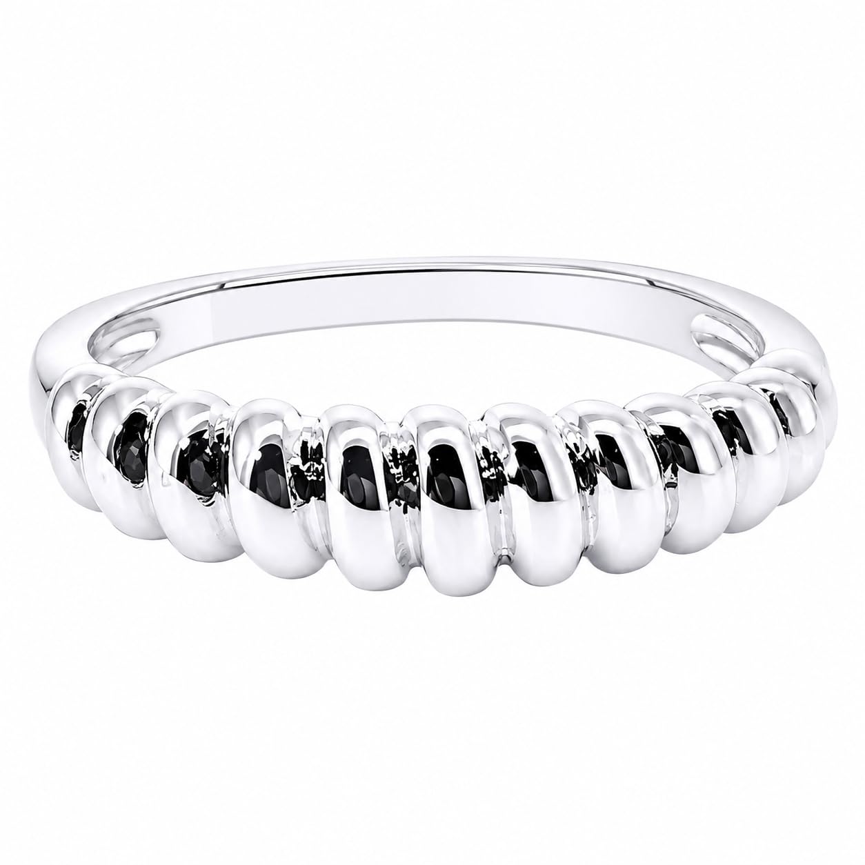 Warm Fortune Ribbed Beaded Wave Band Statement Ring for Women, 18K White Gold Plated Smooth Polished Chunky Stackable Fashion Jewelry