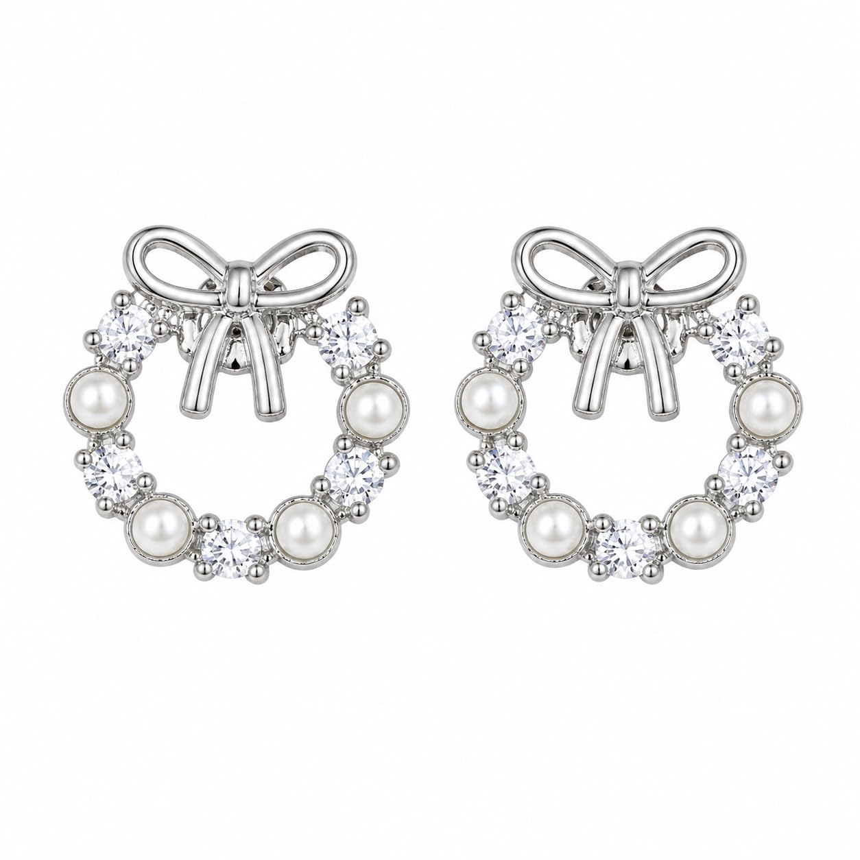 Warm Fortune 18K Gold Plated Bowknot Wreath Cubic Zirconia Cultured Pearl Stud Earrings for Adult Women Hypoallergenic - Valentine's Day, Mother's Day, Birthday Gift for Her