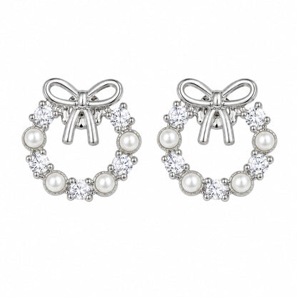 Warm Fortune 18K Gold Plated Bowknot Wreath Cubic Zirconia Cultured Pearl Stud Earrings for Adult Women Hypoallergenic - Valentine's Day, Mother's Day, Birthday Gift for Her