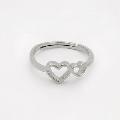 Warm Fortune Adjustable Open Band Ring for Women, 18K Gold Plated Double Hollow Heart Dainty Stackable Promise Friendship Jewelry Gift