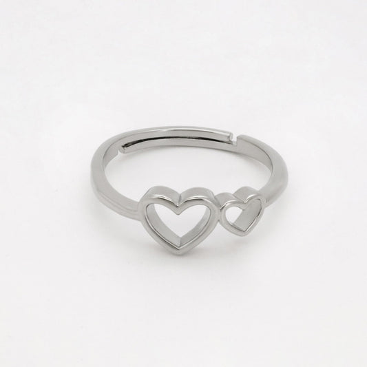 Warm Fortune Adjustable Open Band Ring for Women, 18K Gold Plated Double Hollow Heart Dainty Stackable Promise Friendship Jewelry Gift