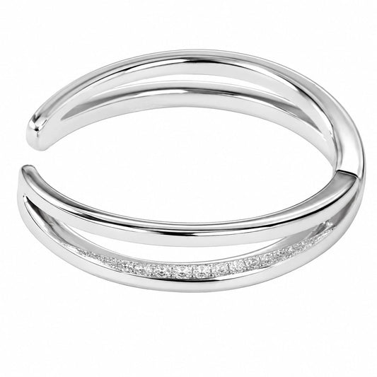 Warm Fortune 18K Gold Plated Double Layer Open Stackable Ring for Women, Half Paved Cubic Zirconia & Smooth Plain Thin Band Minimalist Daily Jewelry Gift