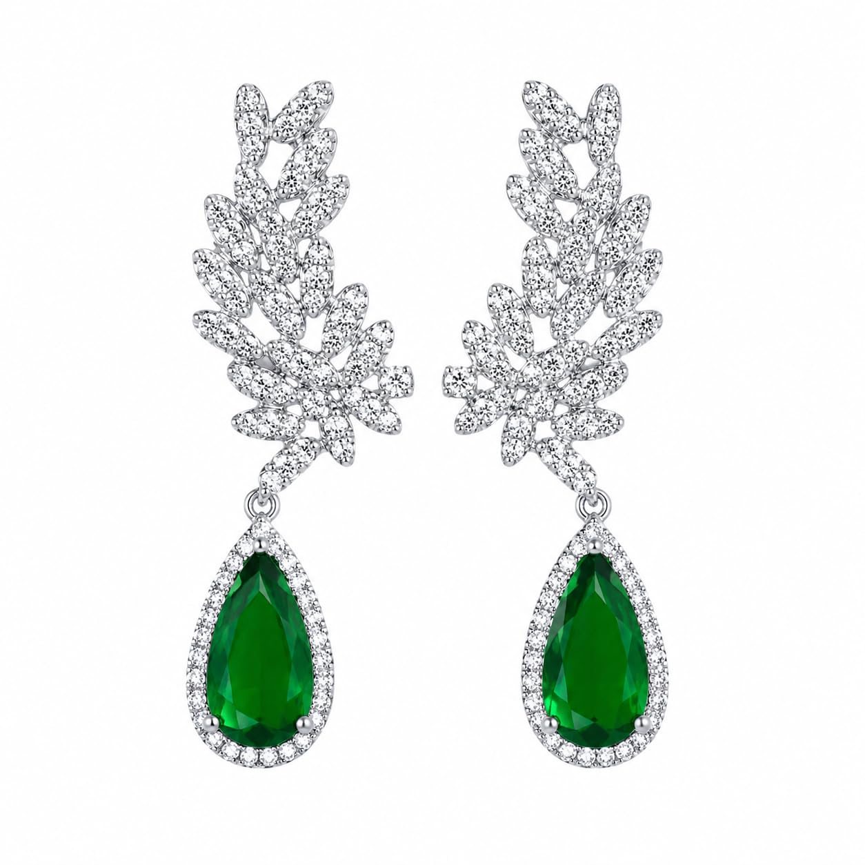 Warm Fortune 18K White Gold Plated Green CZ Leaf Dangle Earrings