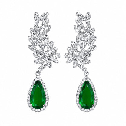 Warm Fortune 18K White Gold Plated Green CZ Leaf Dangle Earrings