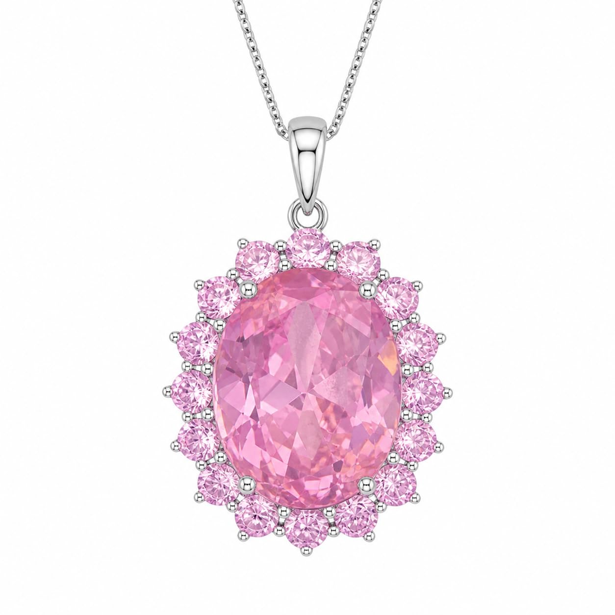 Warm Fortune Oval Halo Pendant Necklace for Women, 18K White Gold Plated Brass, Pink or Clear CZ, 18 Inch Chain, CZ Color Options