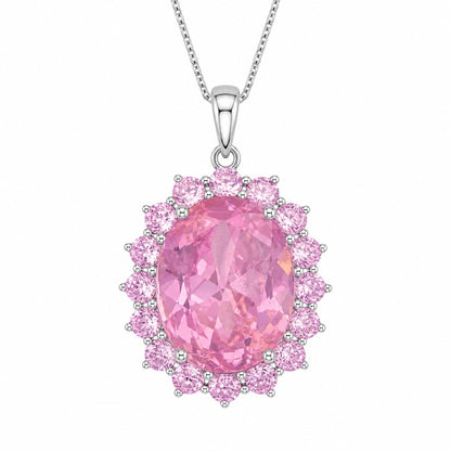 Warm Fortune Oval Halo Pendant Necklace for Women, 18K White Gold Plated Brass, Pink or Clear CZ, 18 Inch Chain, CZ Color Options